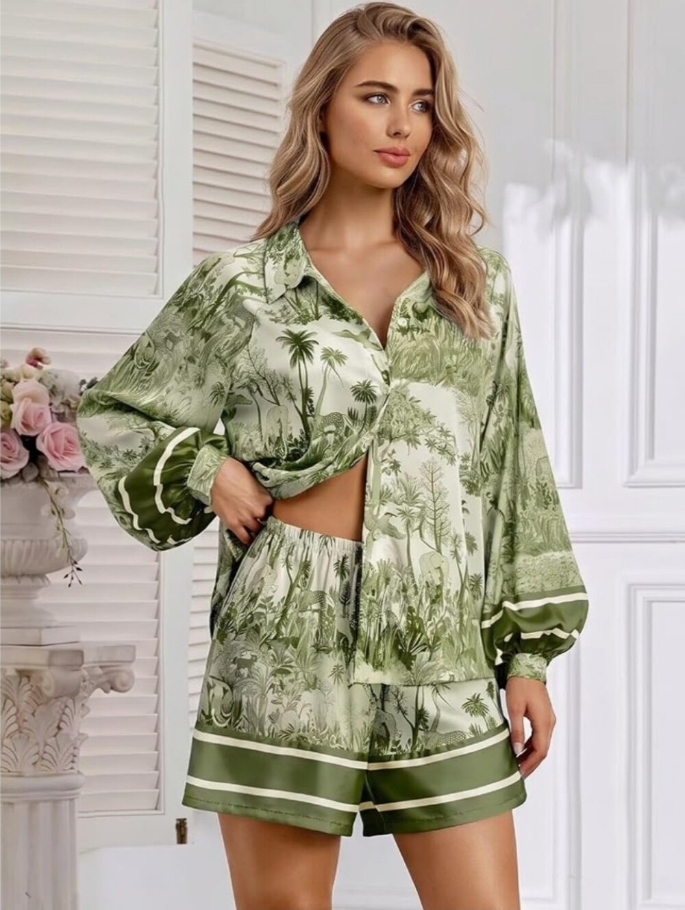 Silk Satin Animal Jungle Print Button Down Long Sleeve And Shorts Lounge Sets